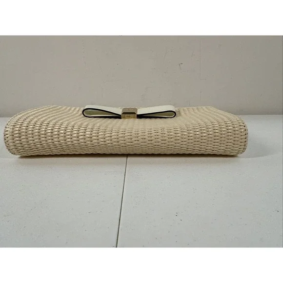 KATE SPADE Montford Park Straw Keira Bow Clutch Purse Cream Natural Leather Bag - Picture 11 of 11